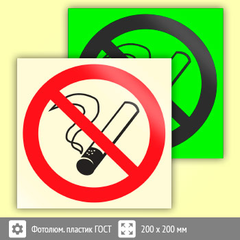 Знак P01 «Запрещается курить» (фотолюминесцентный пластик ГОСТ 34428-2018, 200х200 мм)